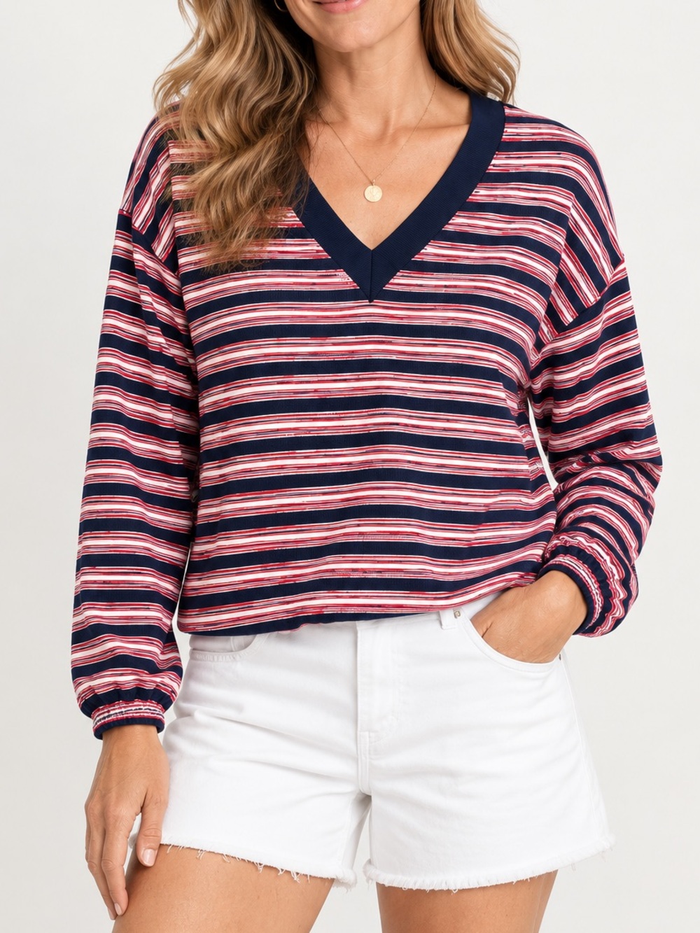 J.Crew Towel Terry V-Neck Red White Blue Striped Sweatshirt Medium